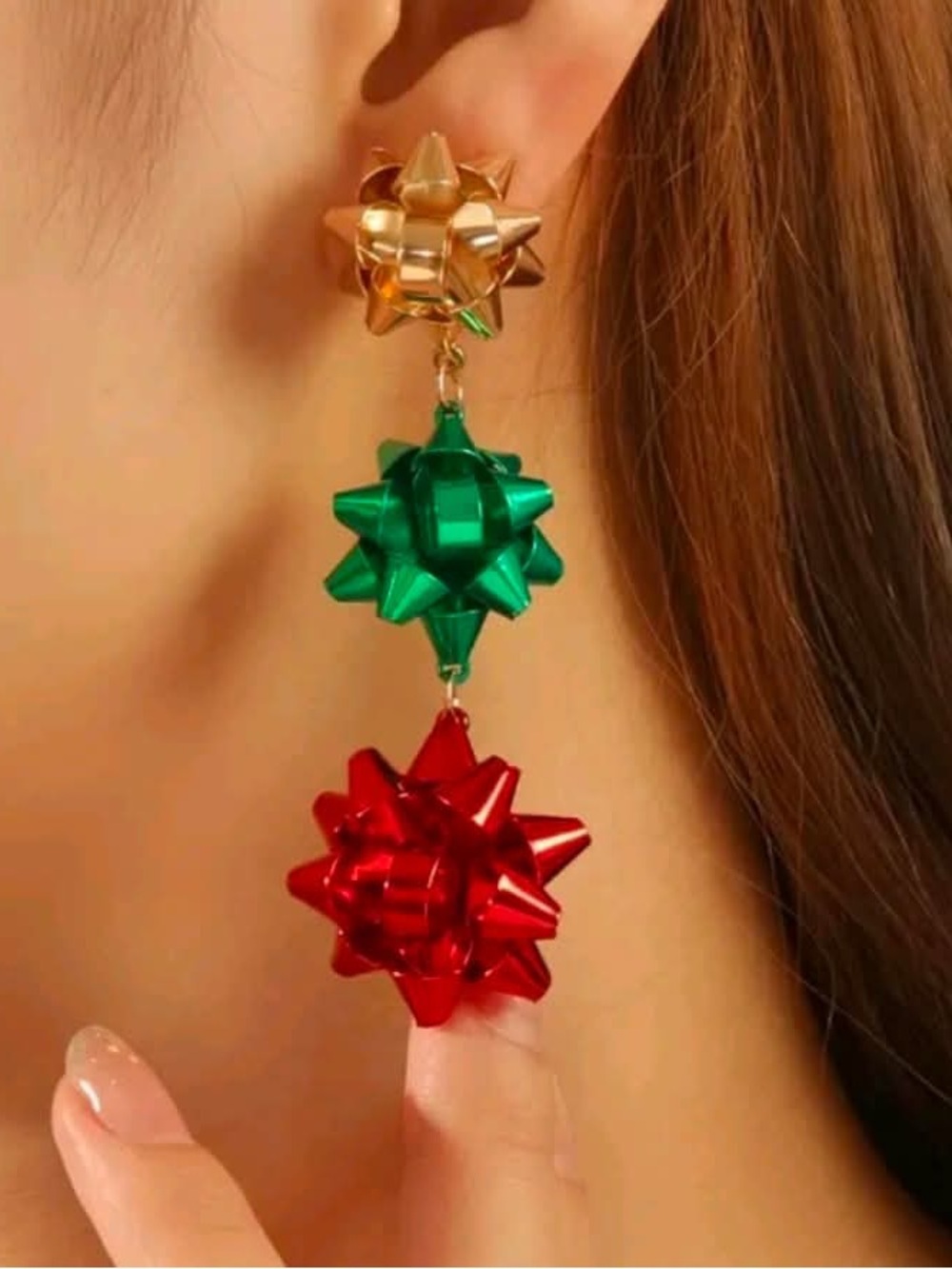 NWT Leith Christmas Fun Festive Gift Wrap Bow Statement Earrings Gold Green Red